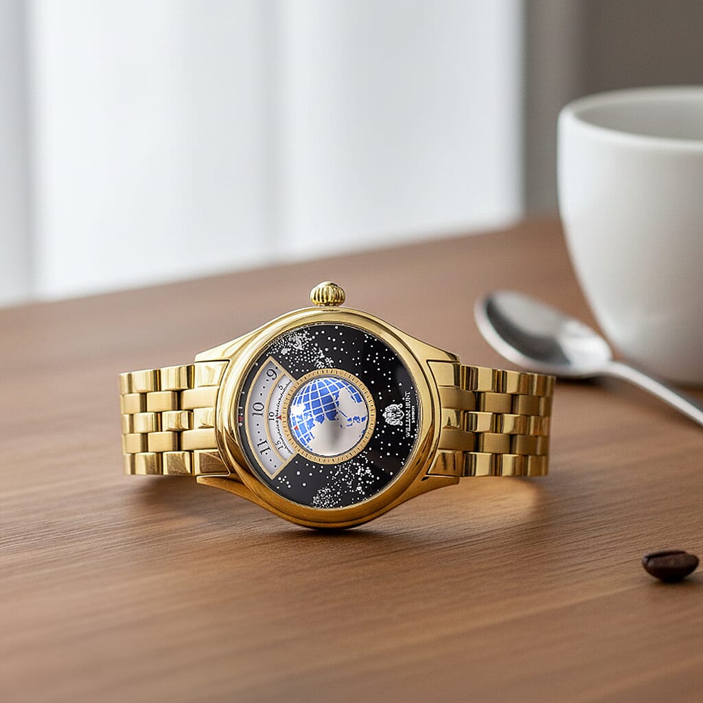 William Hunt Limited Edition Celestial Constellation Automatic Movt Watch With Rotating Globe 3ATM Water Resistancy Presented in a Gift Box - Gold Black